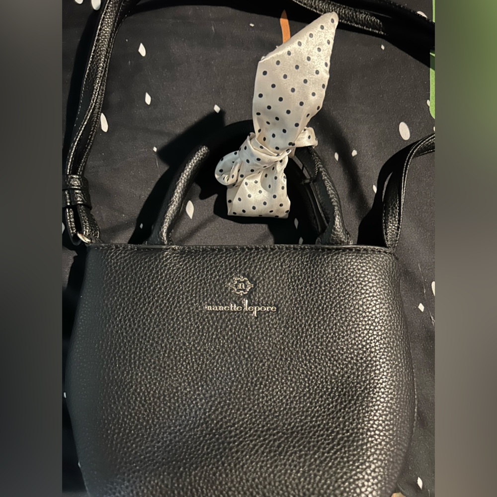 Mini Nanette Lepore Black Pebbled Leather Bag with Polka Dot Scarf - Picture 1 of 2